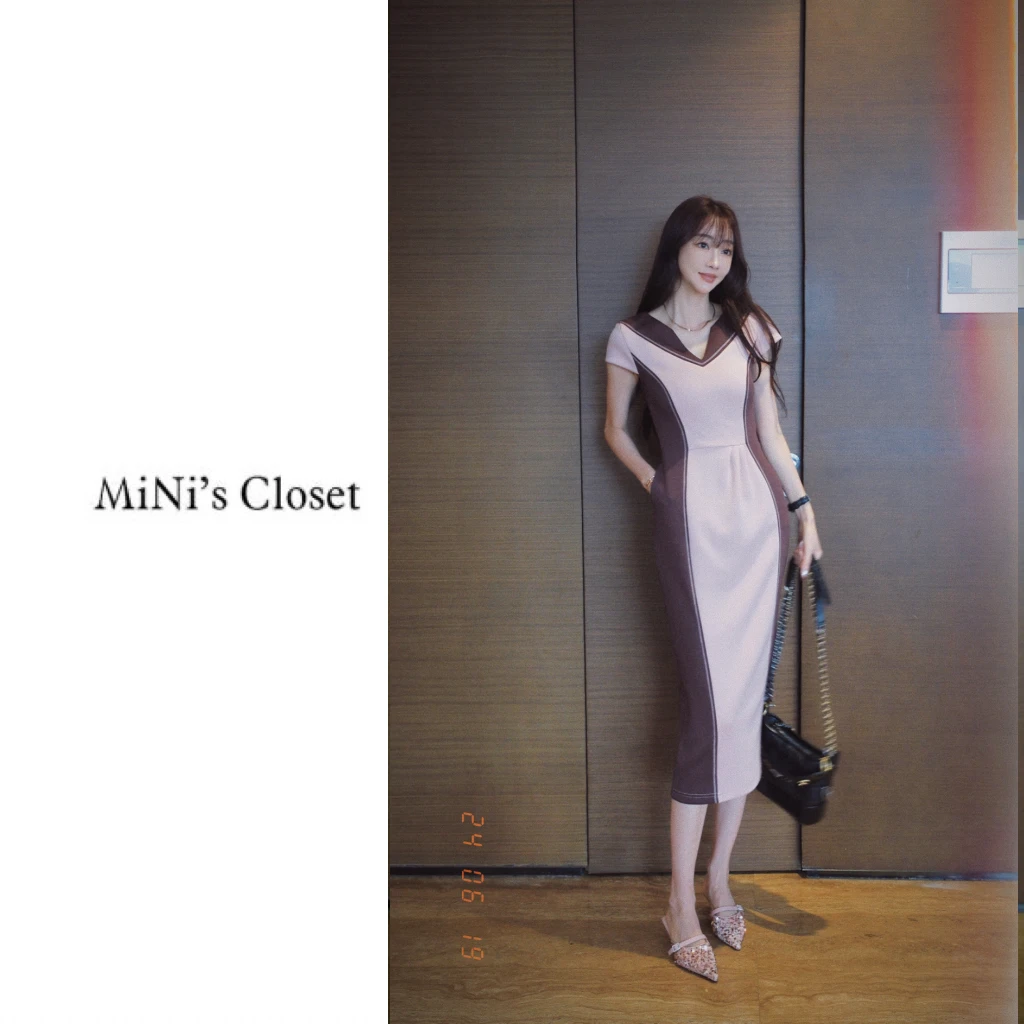 【桃之夭夭】夏季设计师高级感时尚拼色V领连衣裙收腰裙子女JD0150