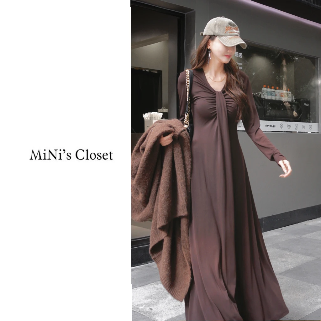 【MiNi推荐】V领褶皱知性收腰气质连衣裙韩版显瘦长袖裙子女JC0112