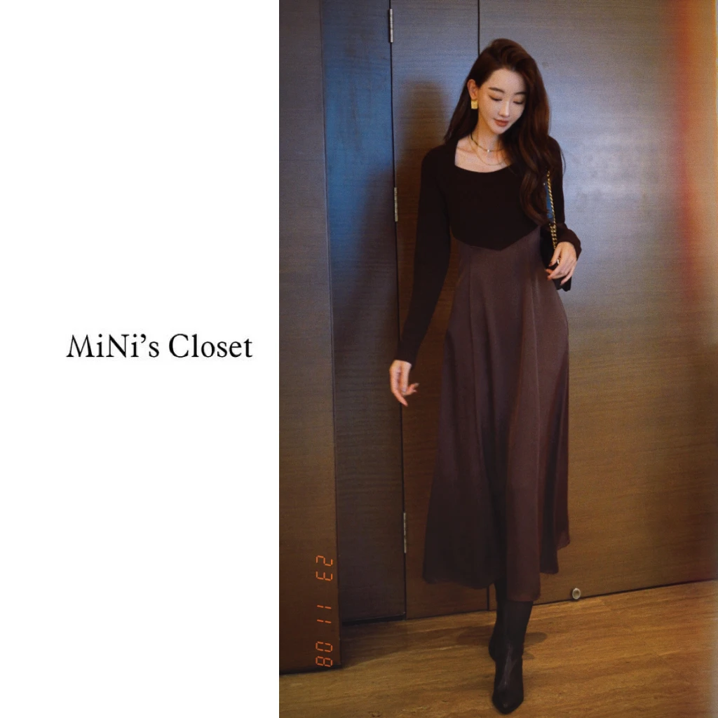 【MiNi推荐】高定插肩袖方领知性气质连衣裙韩版显瘦裙子女JC0114