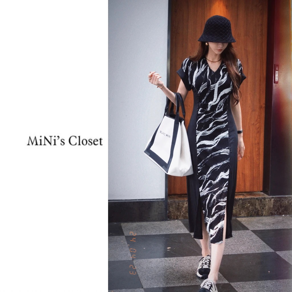 【月光新月】韩版高级感撞色拼接修身收腰连衣裙短袖裙子女JD0084