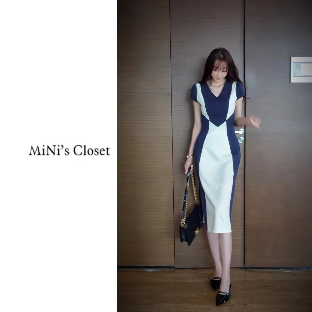 【蓝色恋人】轻奢高定撞色拼接收腰连衣裙休闲百搭裙子JD0883