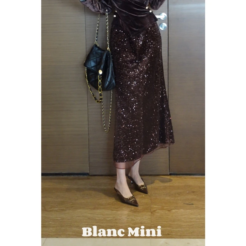 【MiNi推荐】韩版高级定制设计师款气质珠片丝绒半身裙女JD0364