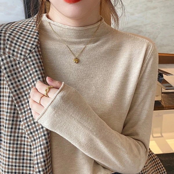 2023年新款长袖针织早秋上衣半高领打底衫女春秋内搭毛衣秋冬洋气
