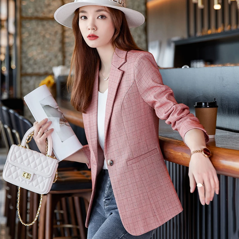高级感减龄粉色格子小西服外套女长袖2023春夏休闲网红气质工作服