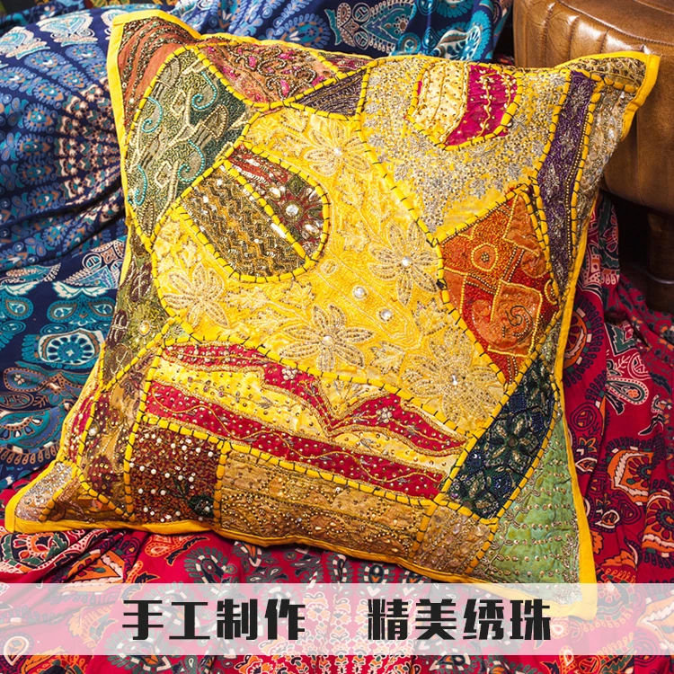 印度尼泊尔手工钉珠老刺绣亮片靠垫沙发抱枕套东南亚家居装饰裱画
