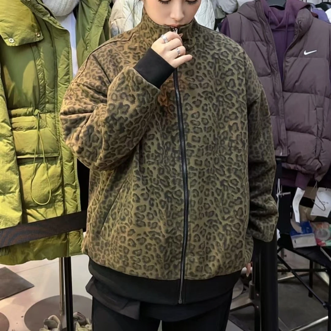 3011#秋季新款韩版宽松复古洋气百搭中长款立领豹纹外套