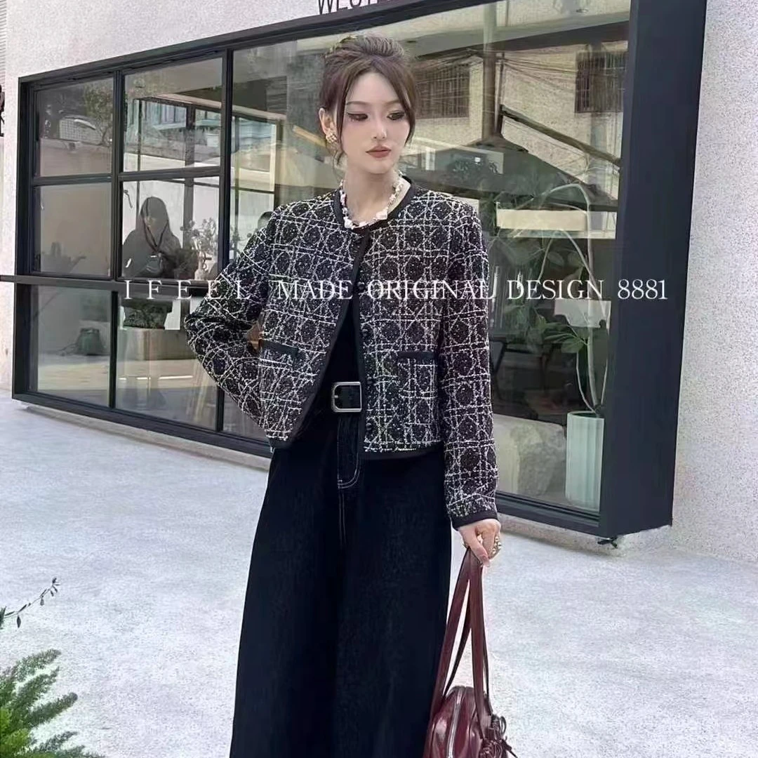 626#复古法式格纹小香风外套女2024秋冬季新款毛呢