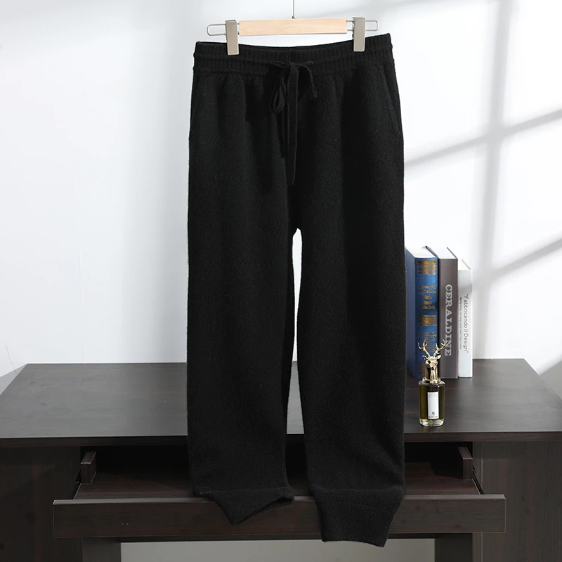 纯100%山羊绒12针虚提束脚裤男士运动针织纯色加厚宽松保暖休闲裤