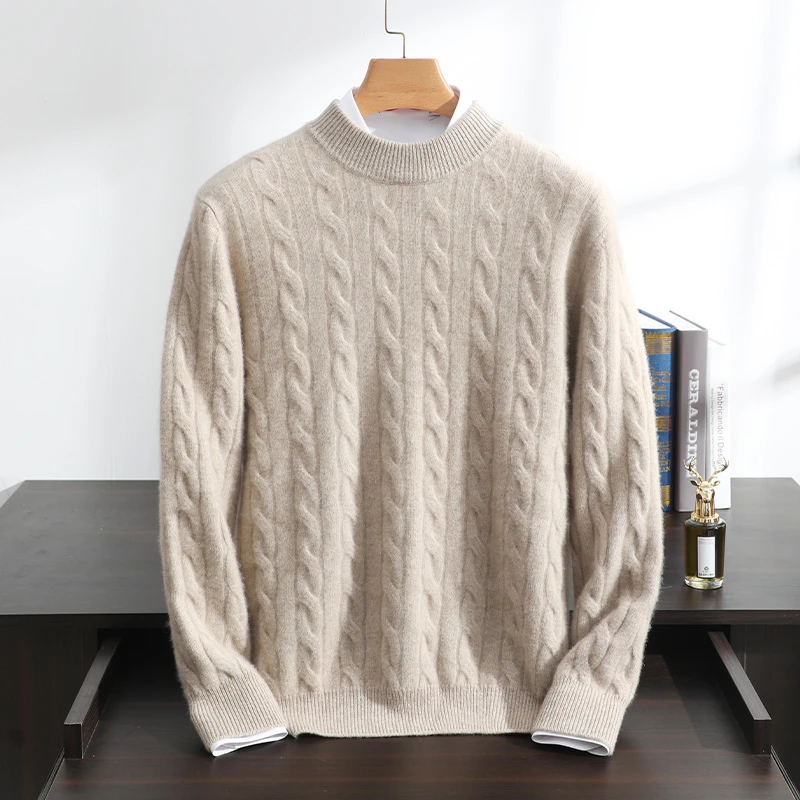 100%纯山羊绒衫七针加厚麻花半高领双股高端圆领针织衫保暖套衫