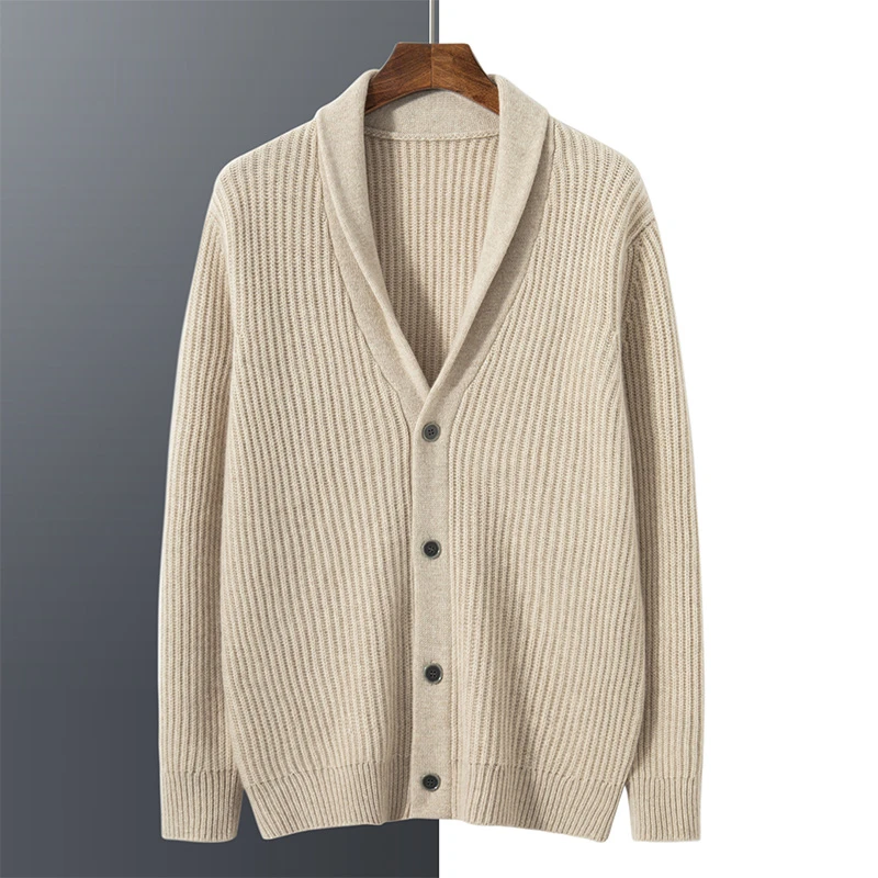 100%纯山羊绒五针三股青果领元宝针开衫商务休闲高端轻奢保暖开衫