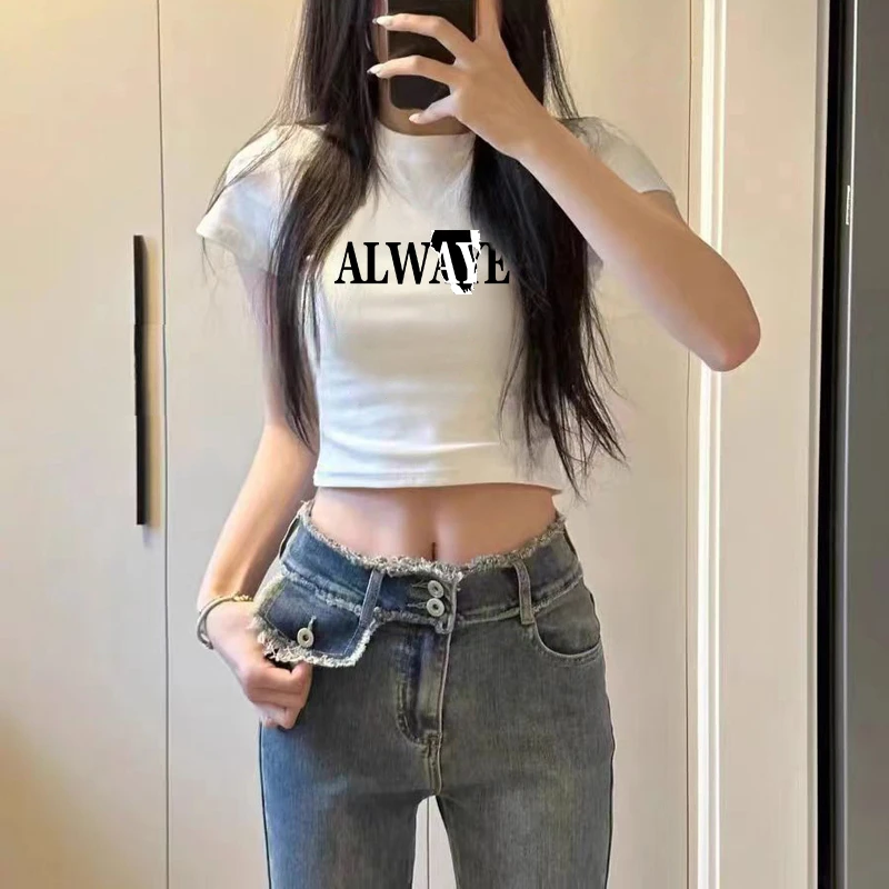 设计感小众正肩短袖t恤女款印花夏季紧身小个子辣妹短款白色上衣