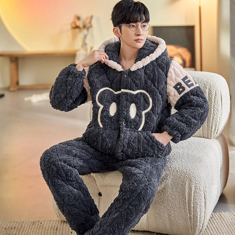 睡衣男秋冬季加厚三层夹棉男士家居服珊瑚绒冬款保暖加绒法兰套装