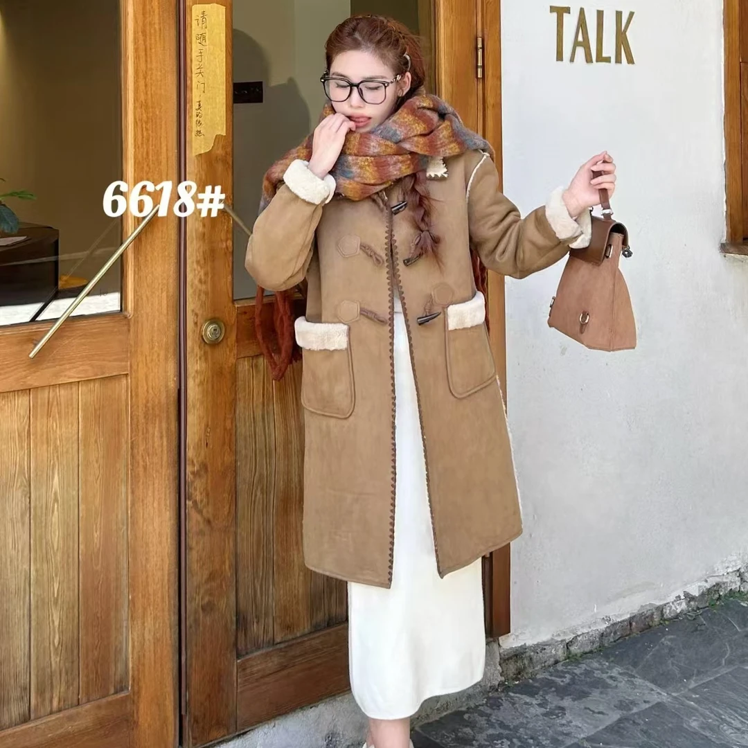 2024冬季新款韩版时尚气质牛角扣加厚一体绒大衣#6618【衣长98】