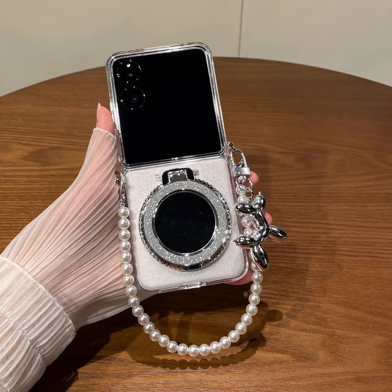 适用小米mixflip2手机壳折叠屏简约透明狗狗手提链镜面支架保护套