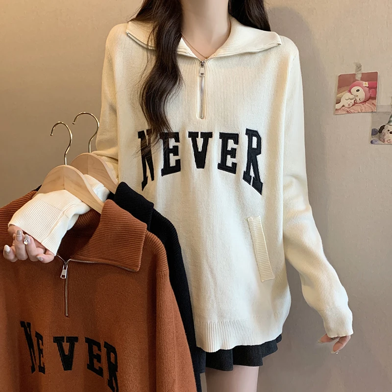 【JOJO推荐】冬装女新款大码胖mm字母刺绣POLO领休闲针织毛衣上衣