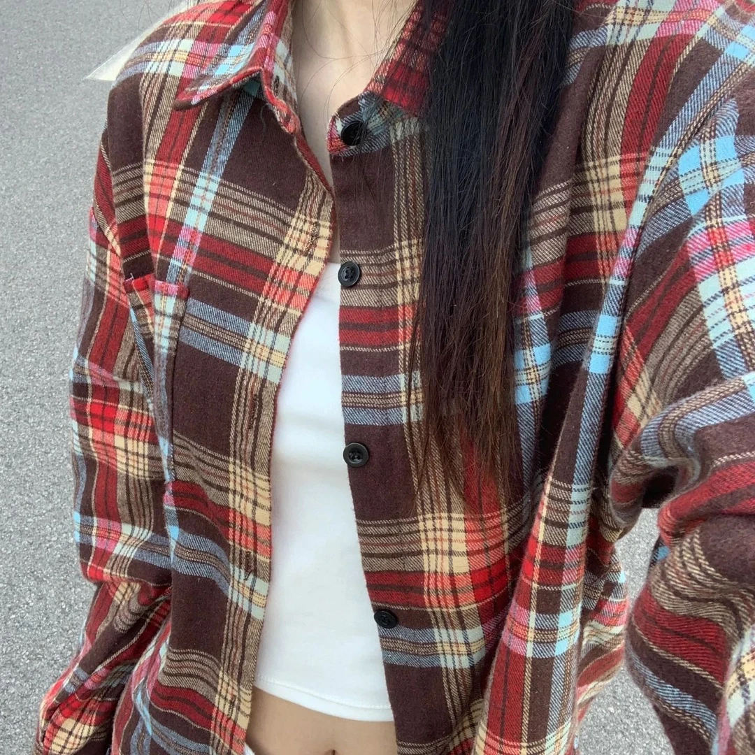 潮牌磨毛格子衬衫女秋季高级感宽松小众设计感长袖日系衬衣潮