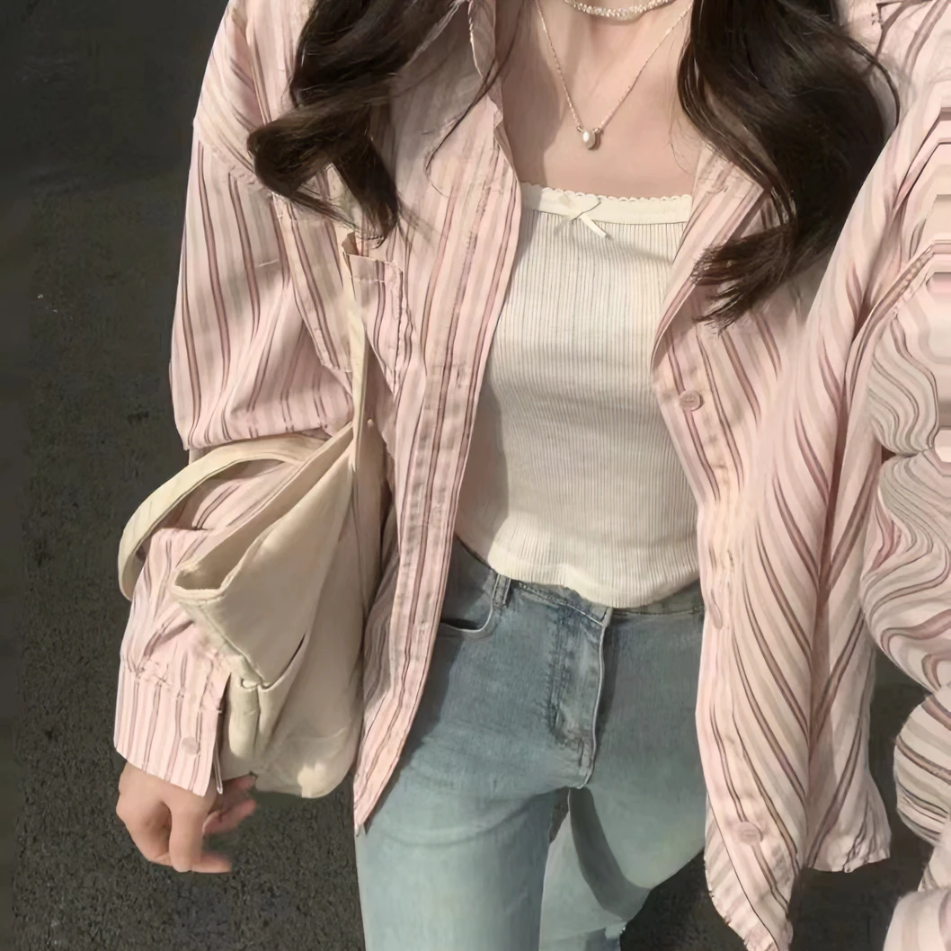 2025新款粉色条纹衬衫女宽松休闲衬衣长袖宽松外套设计感减龄上衣