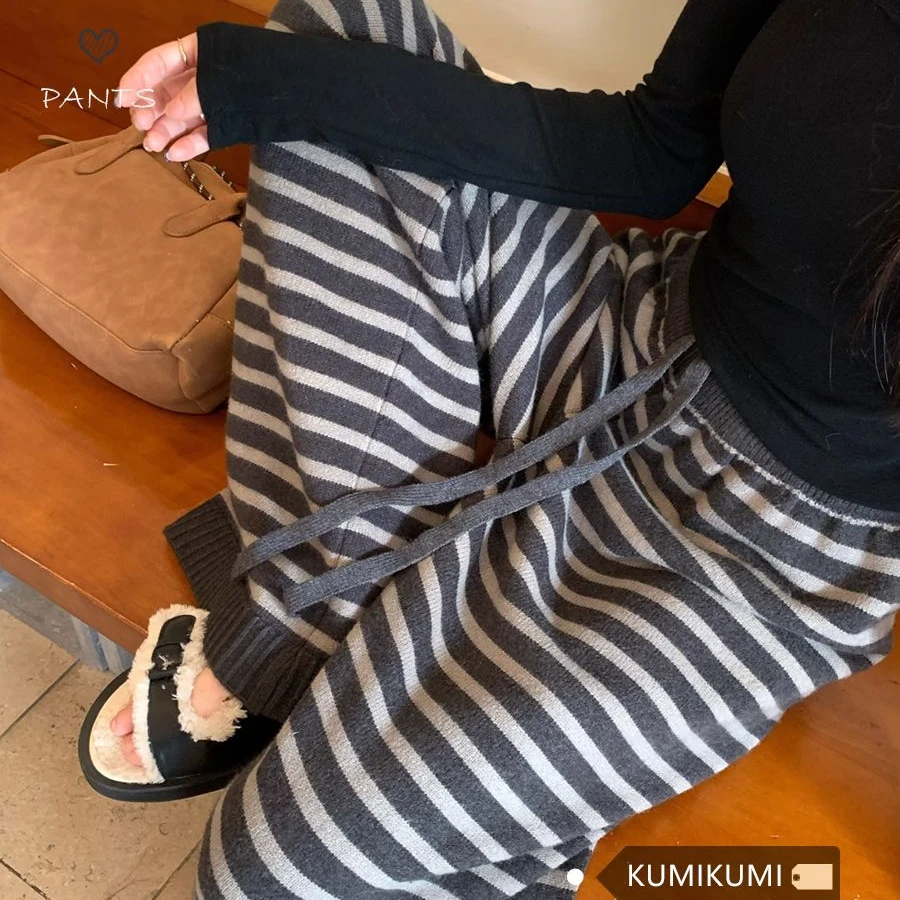 慵懒风新款松紧腰抽绳显瘦时尚休闲裤女装秋季高腰黑灰条纹拖地裤