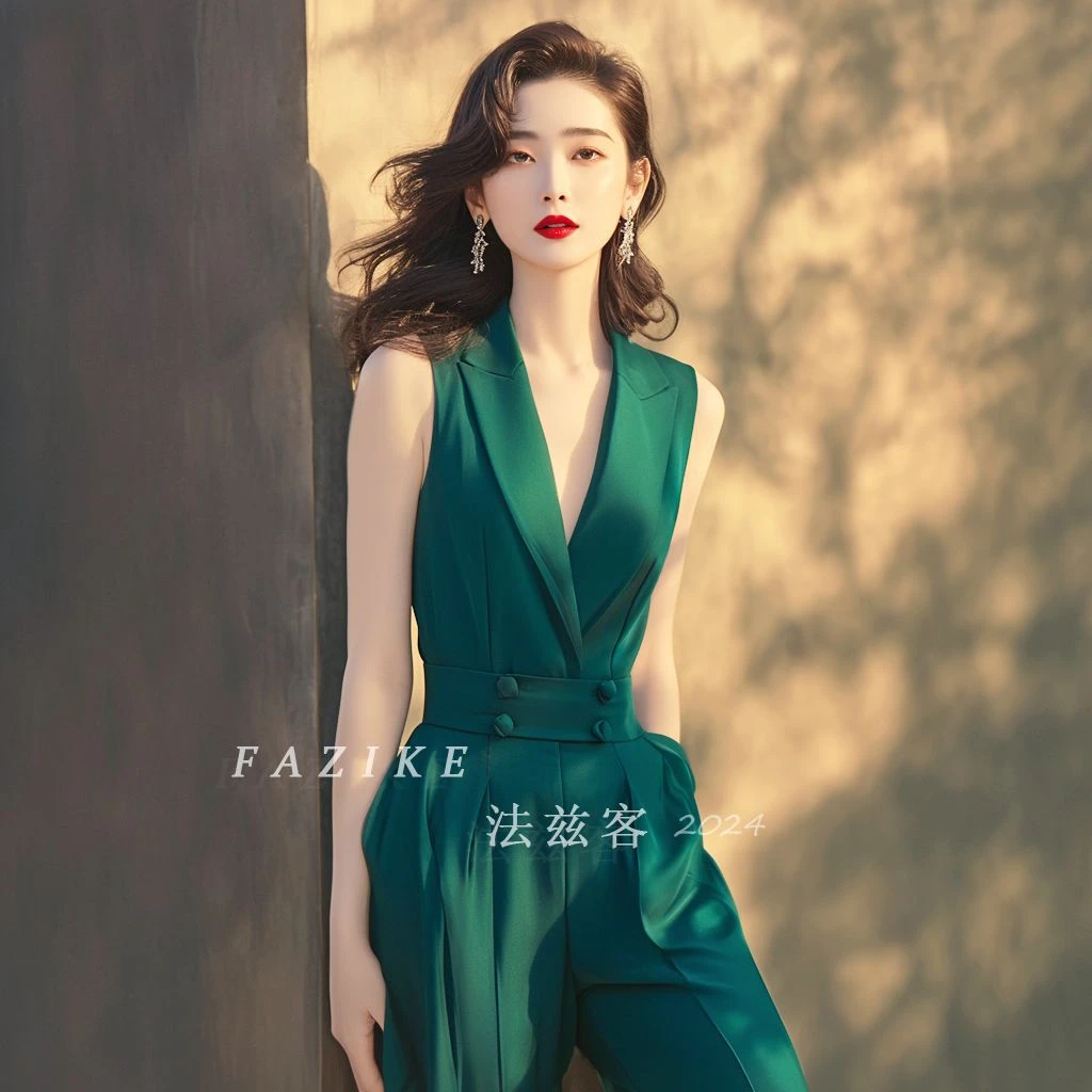 夏季高级感上档次新款爆款气质洋气轻奢精致轻熟风绿色连体裤子女