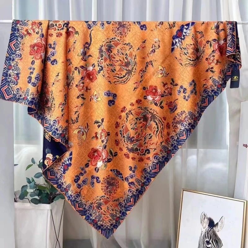 X3-111 凤穿牡丹 140x140 香云纱丝巾围巾披肩