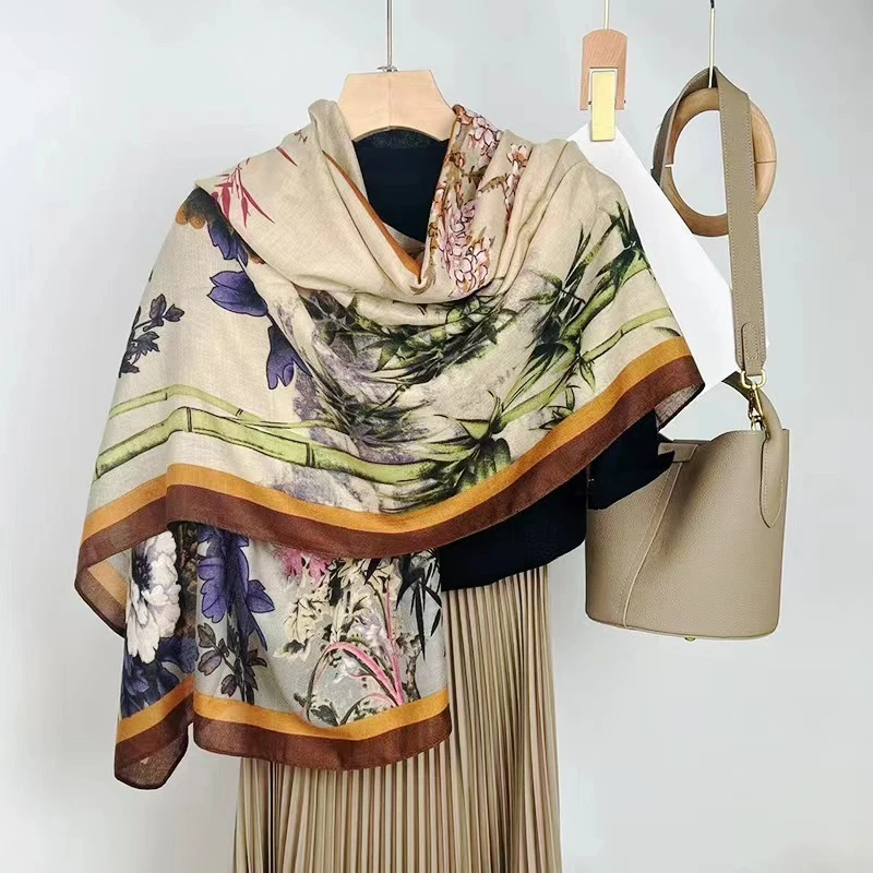 F007竹林牡丹 长巾披肩围巾 180*90左右