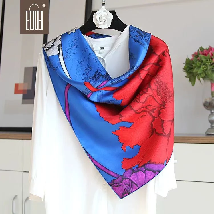 L600 红蓝花朵 春夏季防晒丽锦缎丝巾爆款长巾90*90