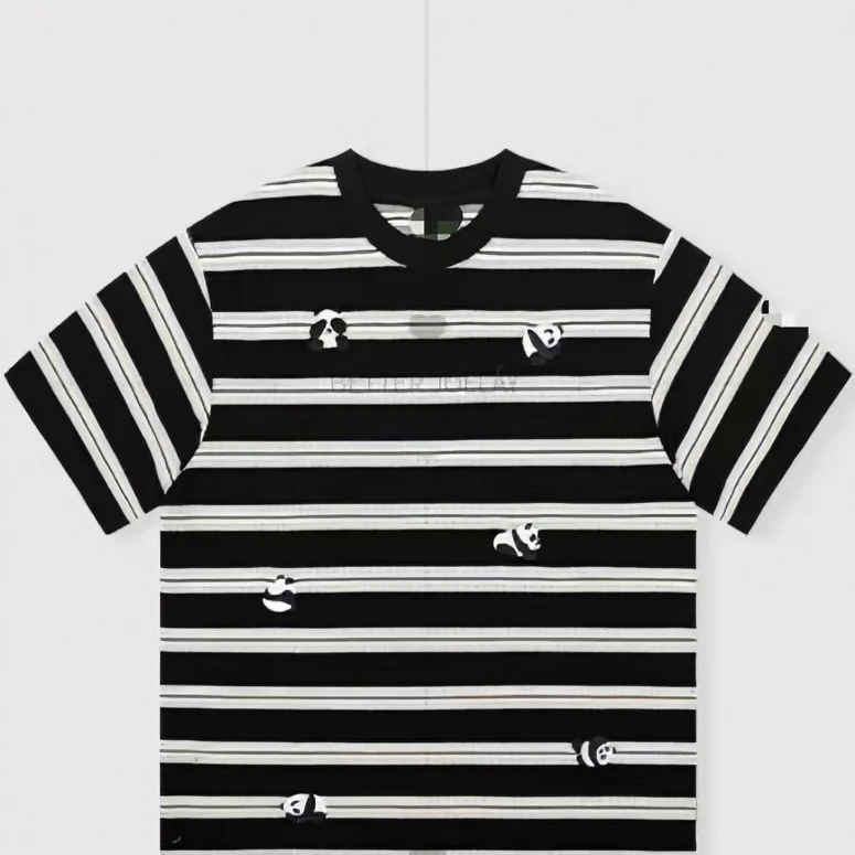 条纹T恤熊猫万针刺绣百搭宽松上衣亲子潮牌时装上衣圆领短袖