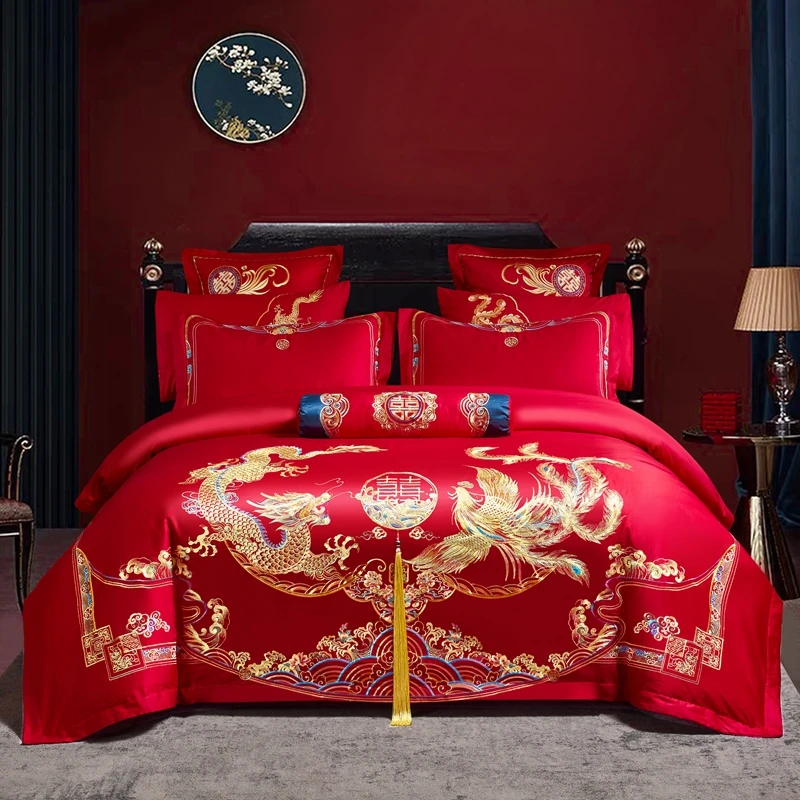 【龙凤祥和】全棉纯棉婚庆四件套大红色刺绣花结婚六床上用品喜庆