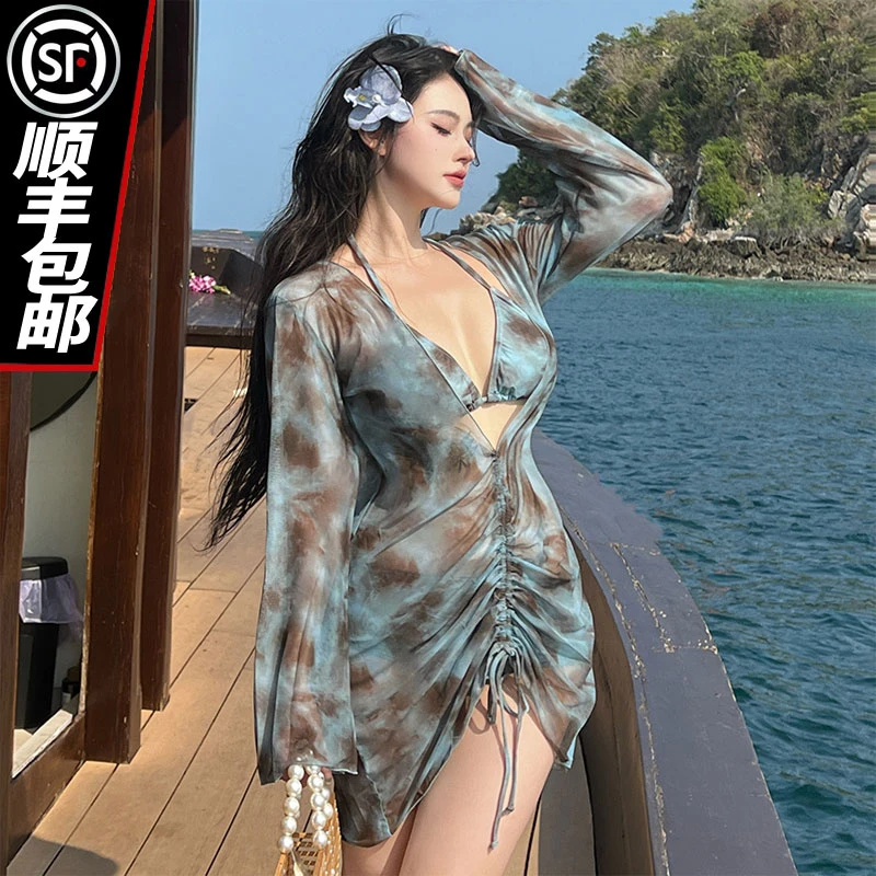 唯伊唯秀度假比基尼三件套胖mm分体长袖罩衫纯欲风显瘦温泉泳衣