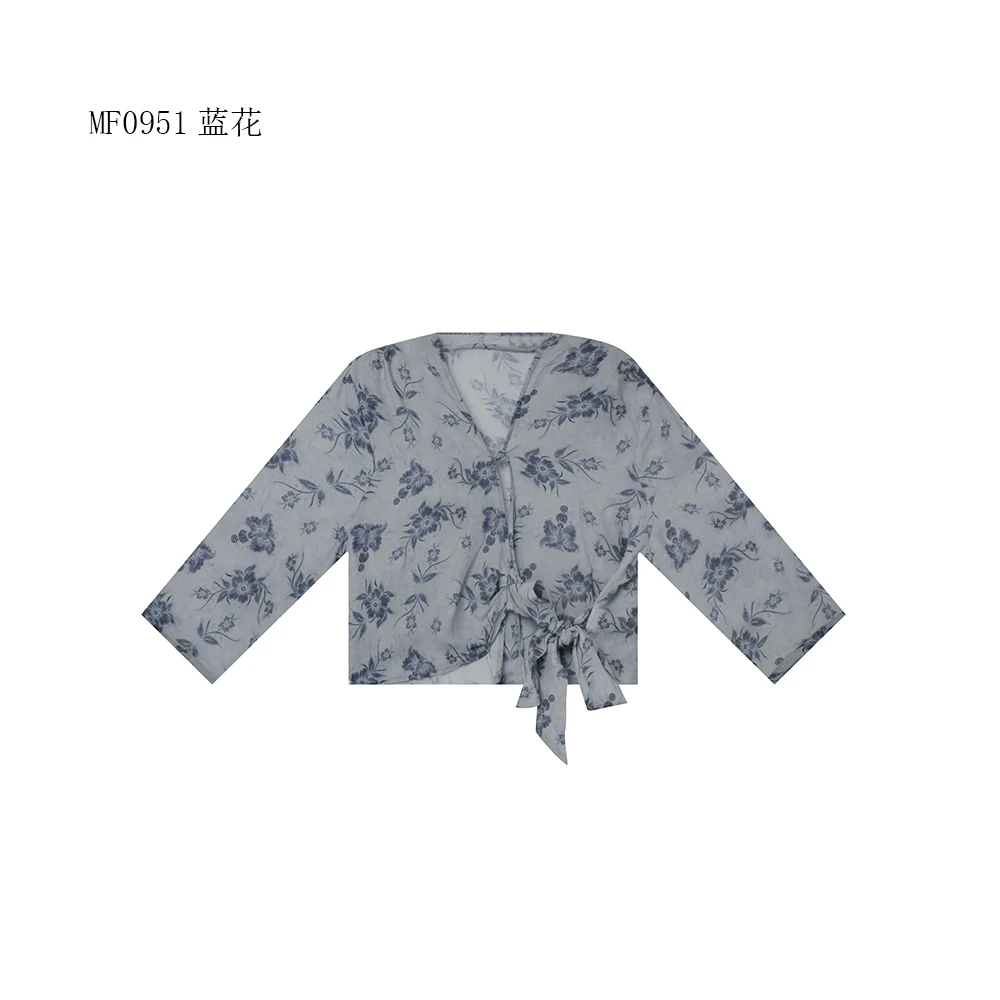 【麻訪家】MF0951蓝花文艺印花系带百搭长袖开衫上衣