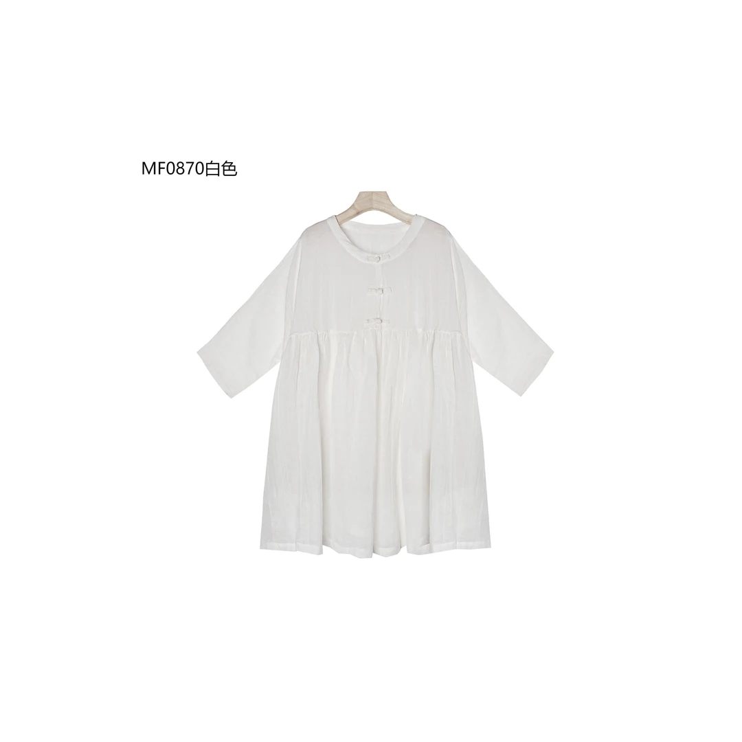 【麻訪家】MF0870白色文艺盘扣宽松休闲中长款百搭上衣