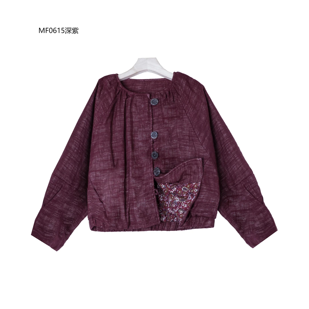 【麻訪家】MF0615深紫文艺复古宽松休闲百搭加厚棉麻外套
