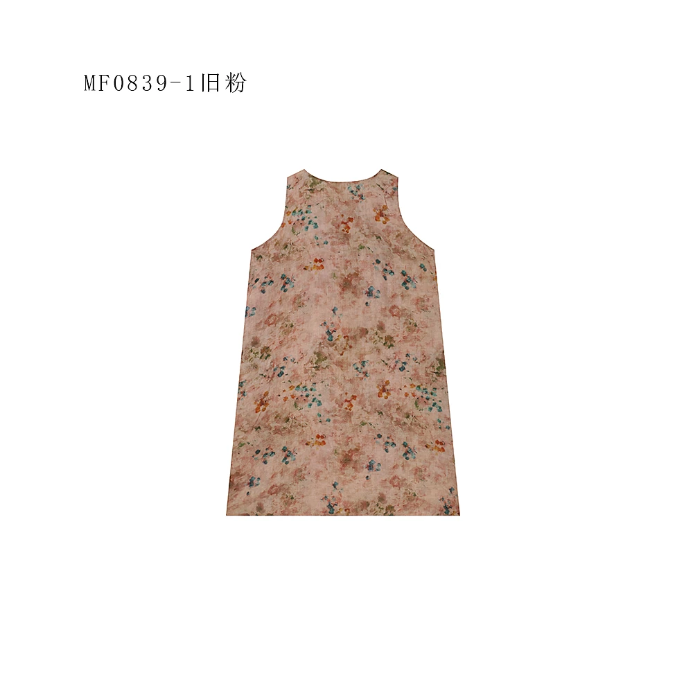 【麻訪家】MF0839-1旧粉文艺印花优雅休闲宽松无袖连衣裙