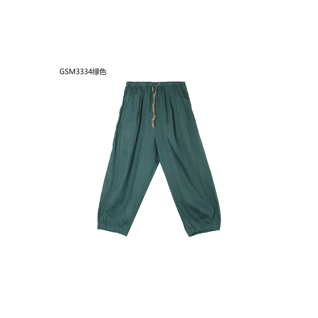 【麻訪家】GSM3334绿色复古文艺简约松紧腰宽松显瘦哈伦裤