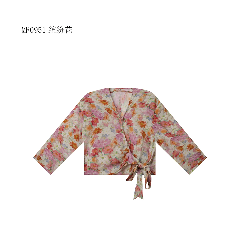 【麻訪家】MF0951缤纷花文艺印花系带百搭长袖开衫上衣