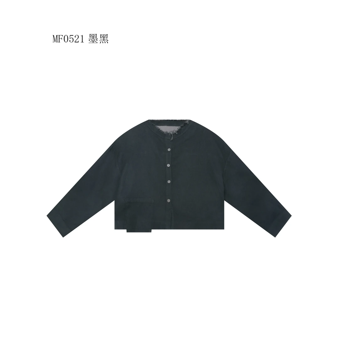 【麻訪家】MF0521墨黑文艺复古简约大口袋百搭短款开衫上衣