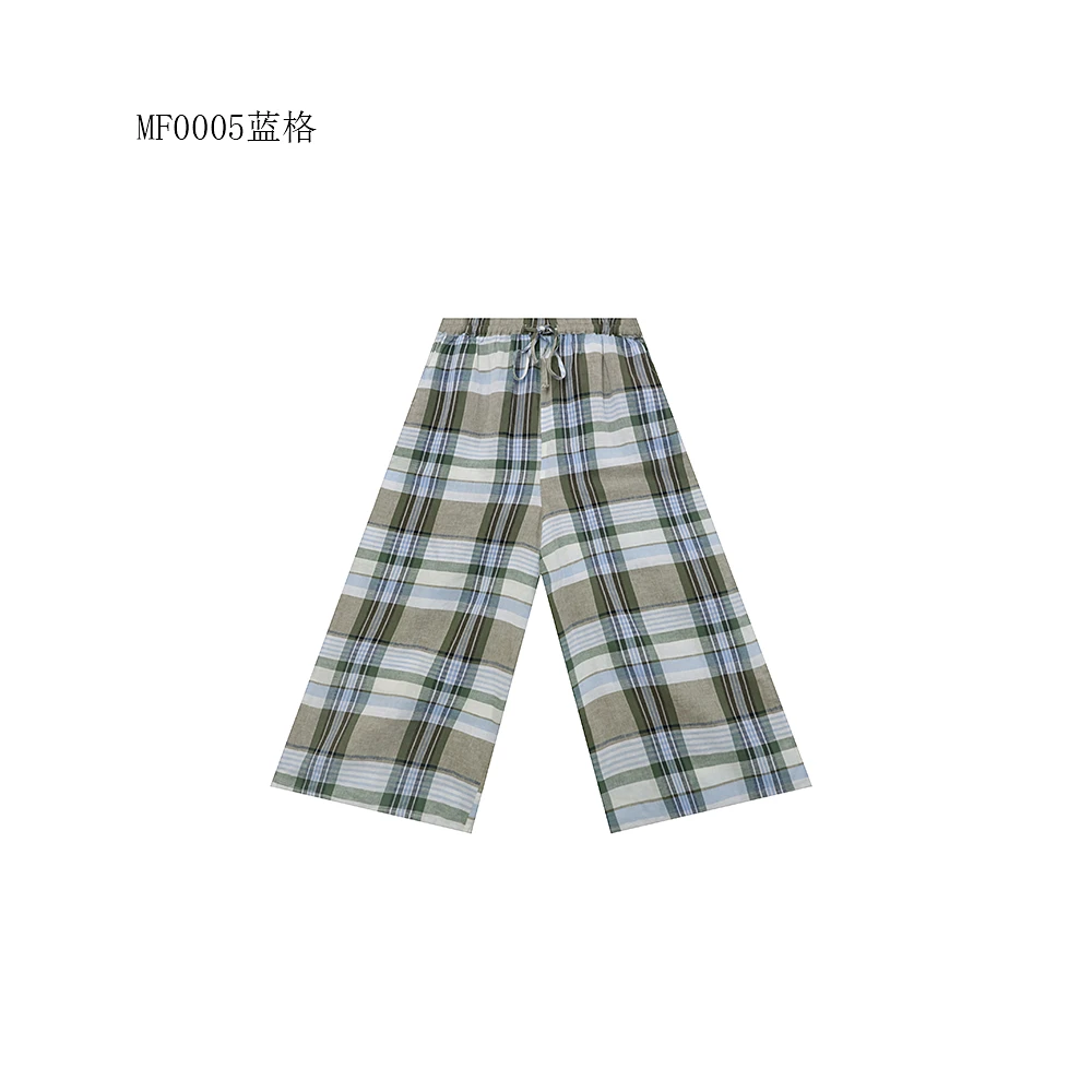 【麻訪家】MF0005蓝格复古格纹宽松显瘦百搭休闲阔腿裤