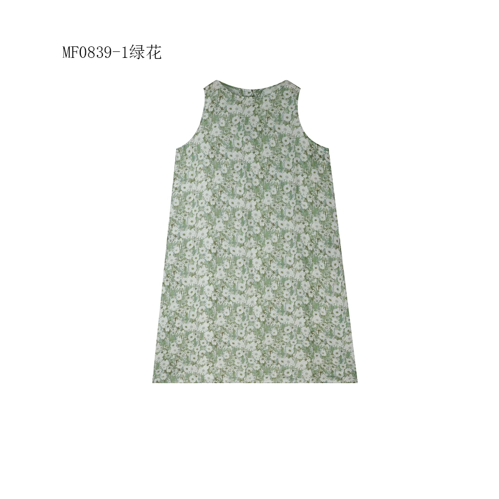 【麻訪家】MF0839-1绿花文艺印花优雅休闲宽松无袖连衣裙