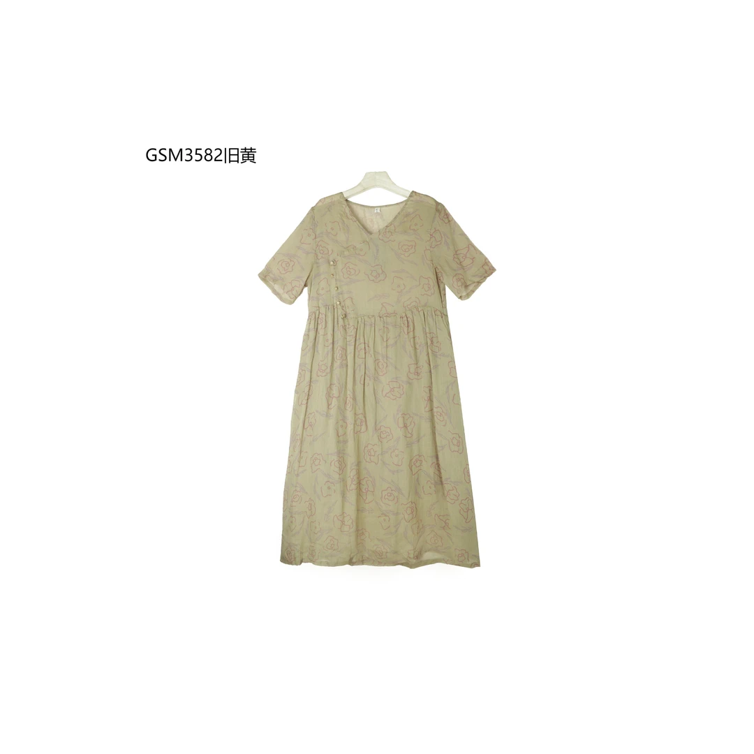【麻訪家】GSM3582旧黄复古印花文艺宽松显瘦连衣裙