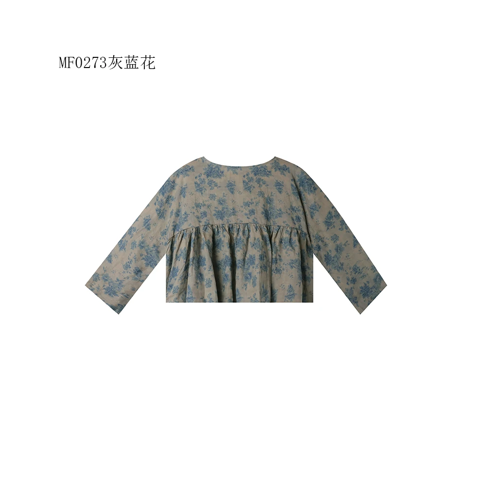 【麻訪家】MF0273灰蓝花文艺复古碎花减龄百搭长袖上衣