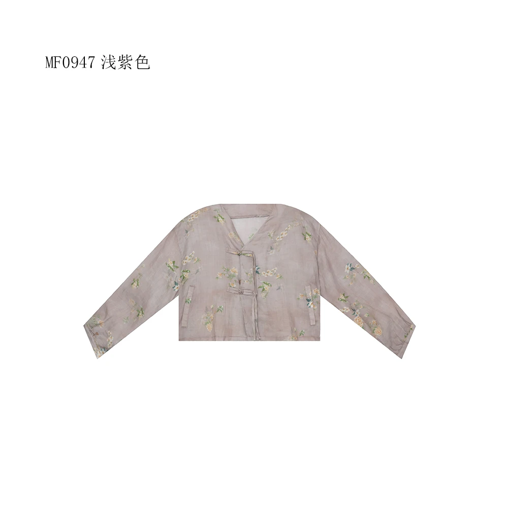【麻訪家】MF0947浅紫色文艺印花盘扣百搭长袖开衫上衣