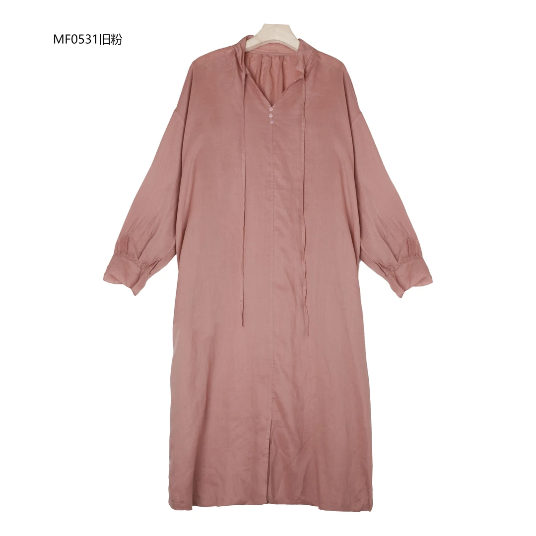 【麻訪家】MF0531旧粉复古文艺慵懒系带宽松显瘦大袍子连衣裙