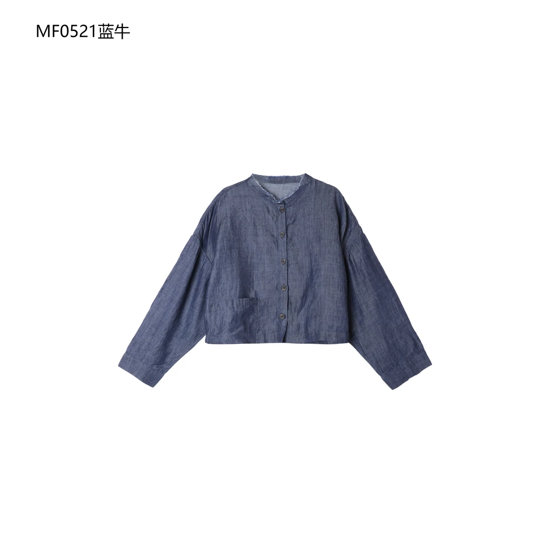 【麻訪家】MF0521蓝牛文艺复古简约大口袋短款开衫上衣