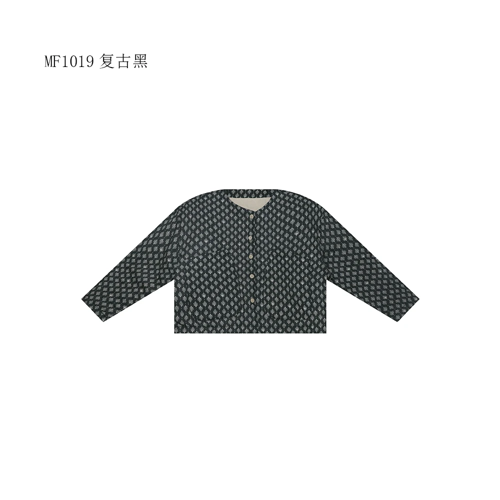 【麻訪家】MF1019复古黑文艺印花复古宽松百搭棉服外套