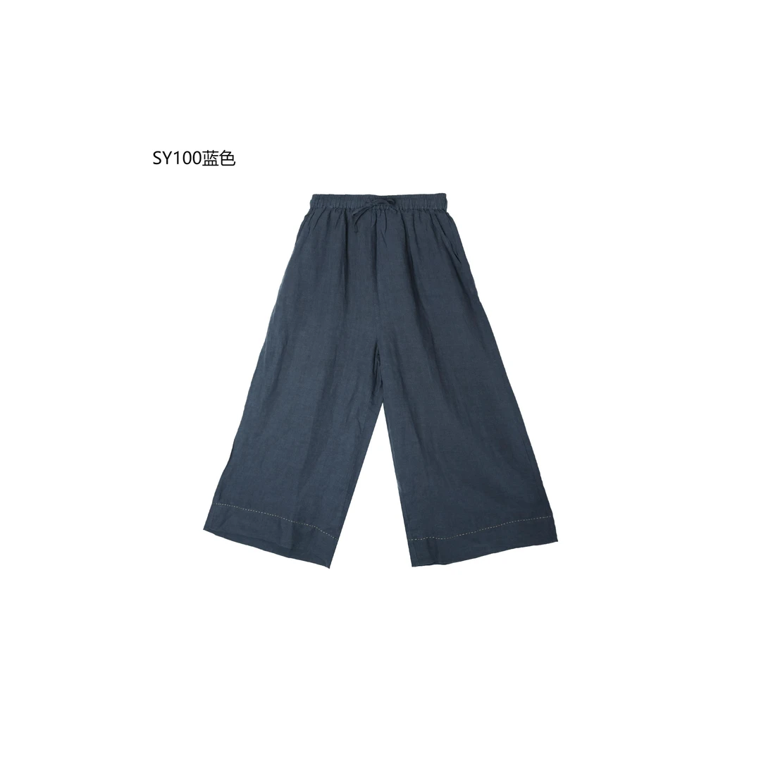【麻訪家】SY100蓝色复古文艺松紧腰百搭显瘦休闲阔腿裤