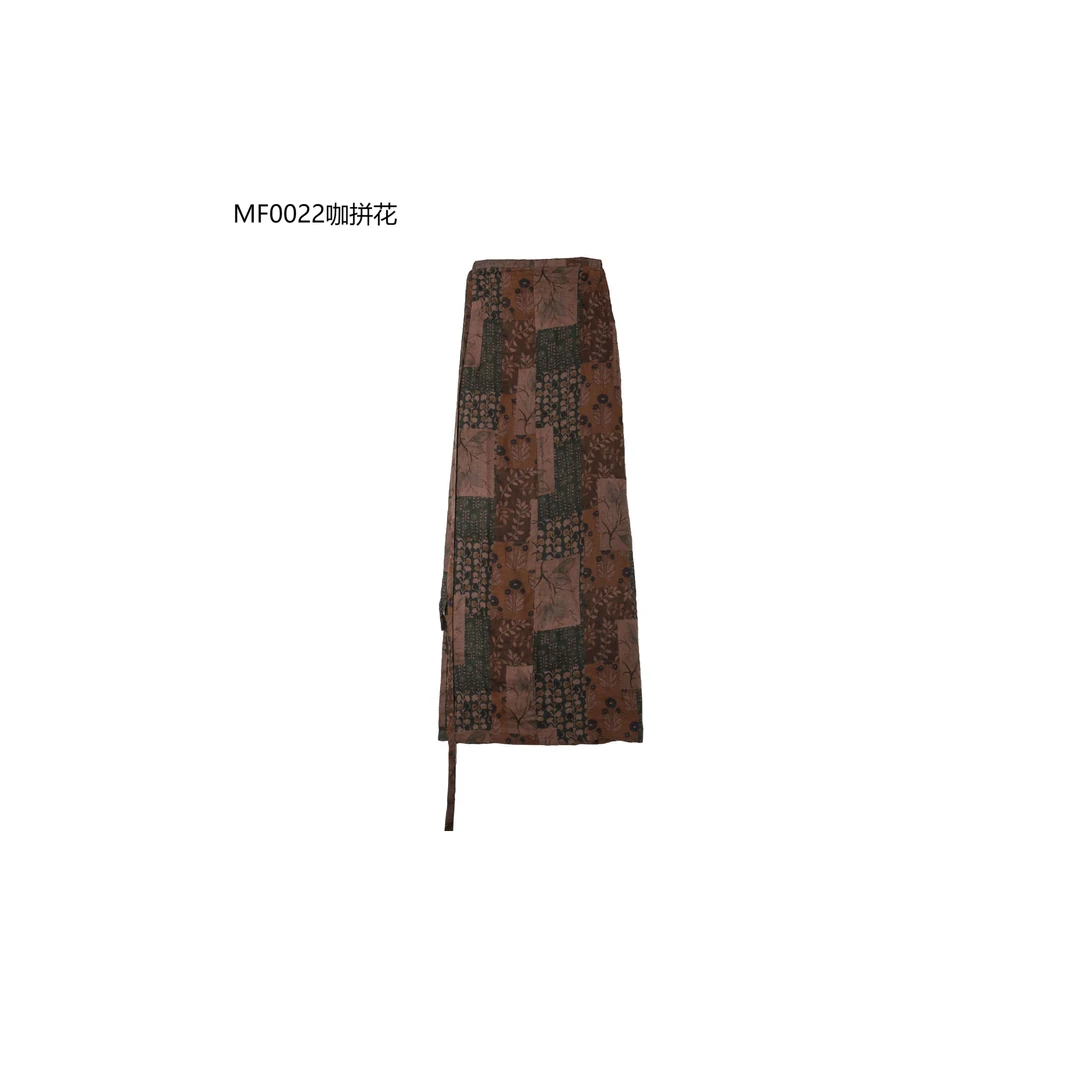 【麻訪家】MF0022咖拼花复古碎花文艺气质百搭一片式裹裙