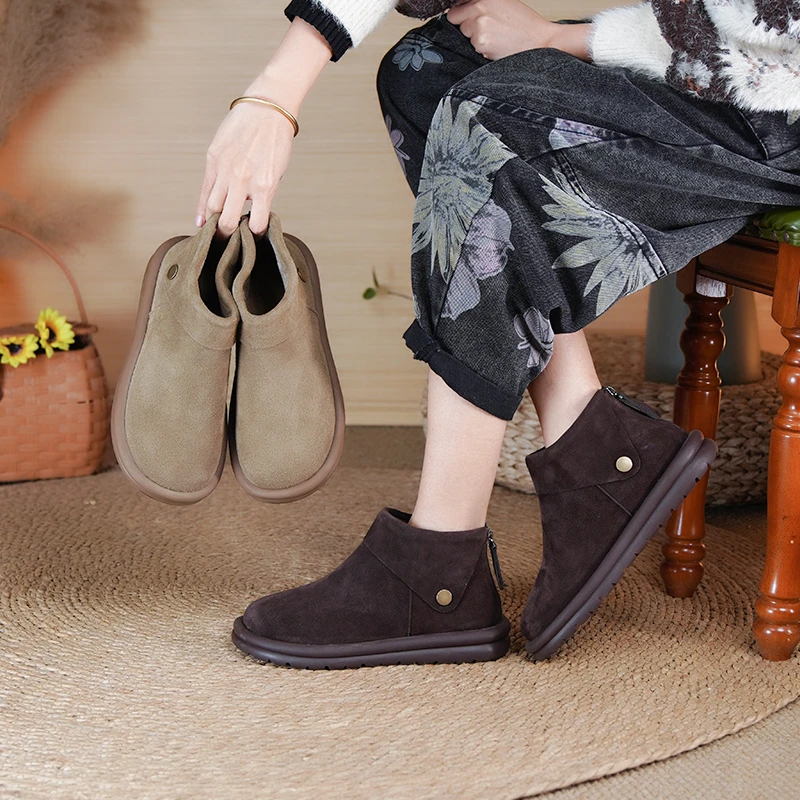 棉谷磨砂短靴女厚底加绒保暖短筒软底防滑冬季0689复古