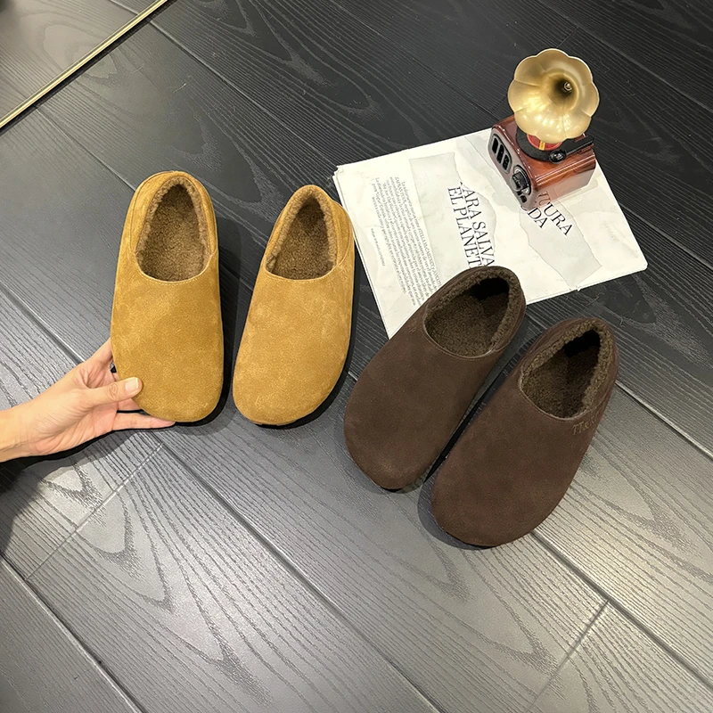 棉谷一脚蹬加绒保暖毛毛鞋女防滑外穿平底两穿复古豆豆鞋W1015