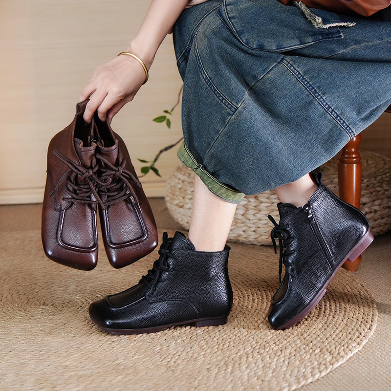棉谷方头系带马丁靴女百搭复古软底短靴休闲时尚秋冬平底女鞋