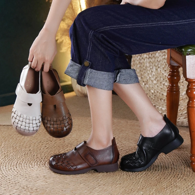 棉谷厚底编织英伦单鞋舒适休闲百搭软底妈妈鞋民族风圆头粗跟7758